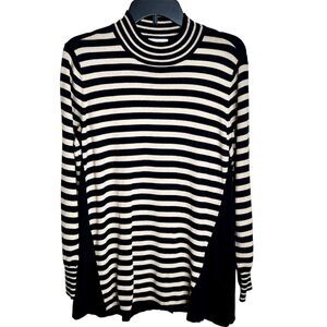 Susan Graver Knit Tunic Top Size L Black Beige Stripes  Deco Buttons In Back
